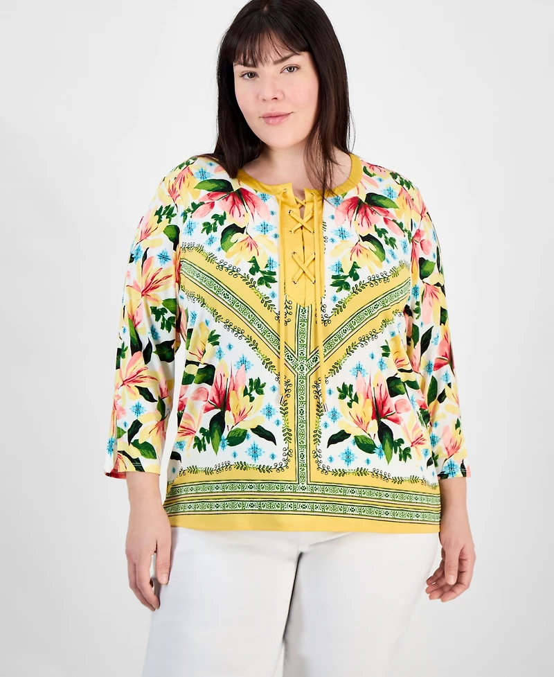 Jm Collection Plus Printed 3/4-Sleeve Top, Exclusively at Macy's