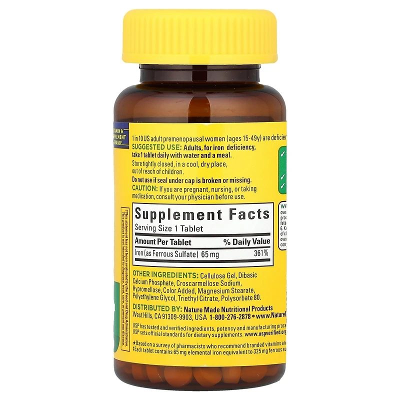 Nature Made Iron 65 mg (325 mg Ferrous Sulfate) Tablets, Dietary Supplement for Red Blood