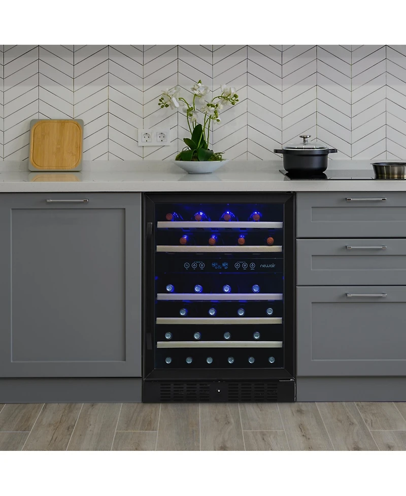 Newair 24-inch 46 Bottle Wine Cooler Refrigerator, Built-in Dual Zone Wine Fridge in Black Stainless Steel, Quiet Operation with Beechwood Shelves