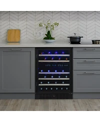 Newair 24-inch 46 Bottle Wine Cooler Refrigerator, Built-in Dual Zone Wine Fridge in Black Stainless Steel, Quiet Operation with Beechwood Shelves