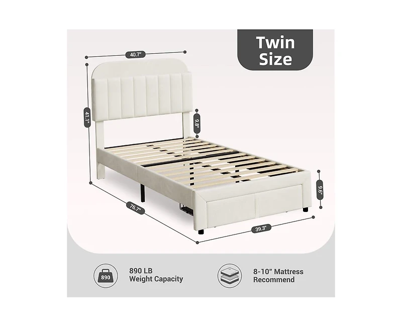 gaomon Twin Bed Frame with Drawer, Velvet Upholstered Platform Bed Frame with Storage Headboard, No Box Spring Needed, Easy Assembly