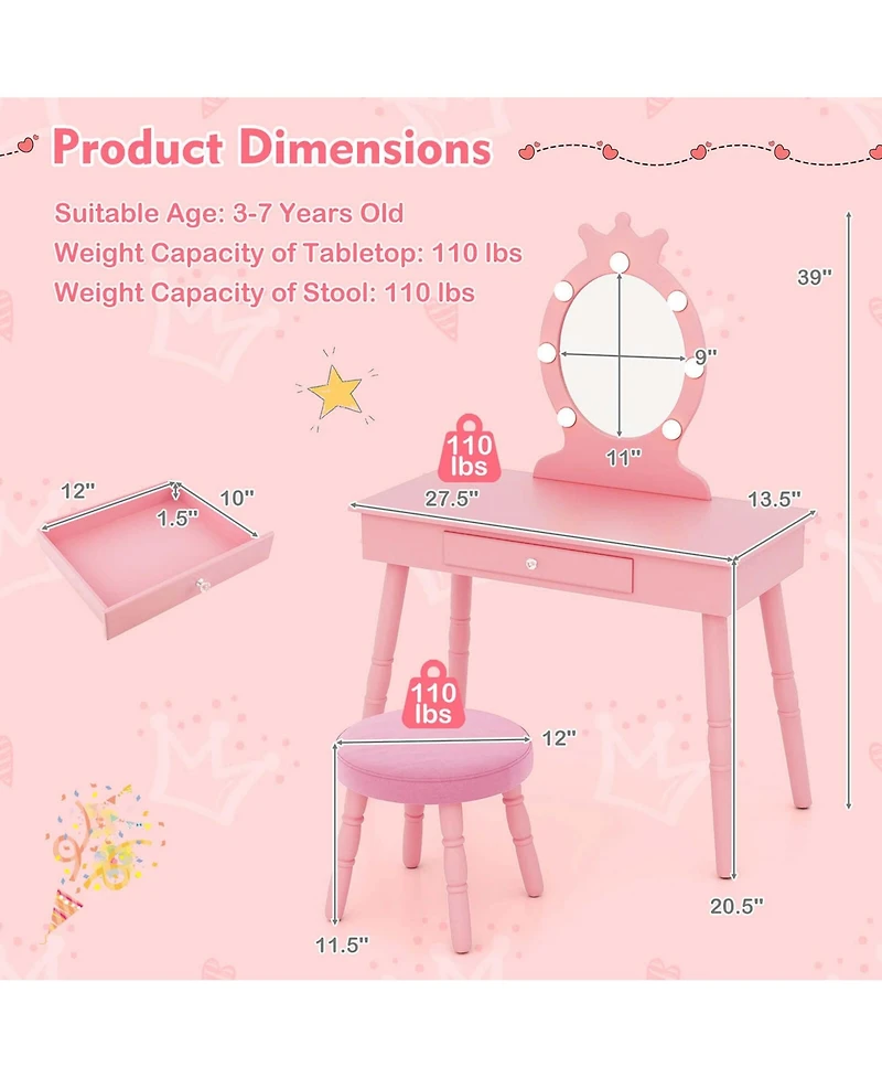 Costway Kids Vanity Set Princess Table & Chair with Lighted Mirror