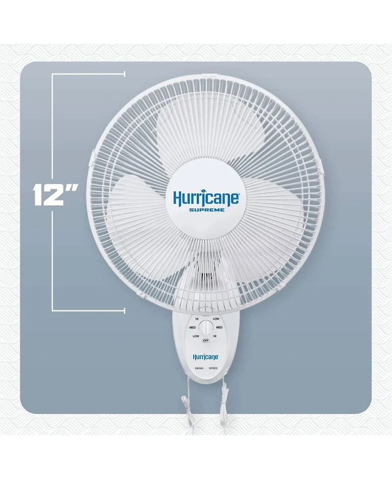 Hurricane Supreme 12 Inch Oscillating 3 Speed Portable Wall Mount Fan, White