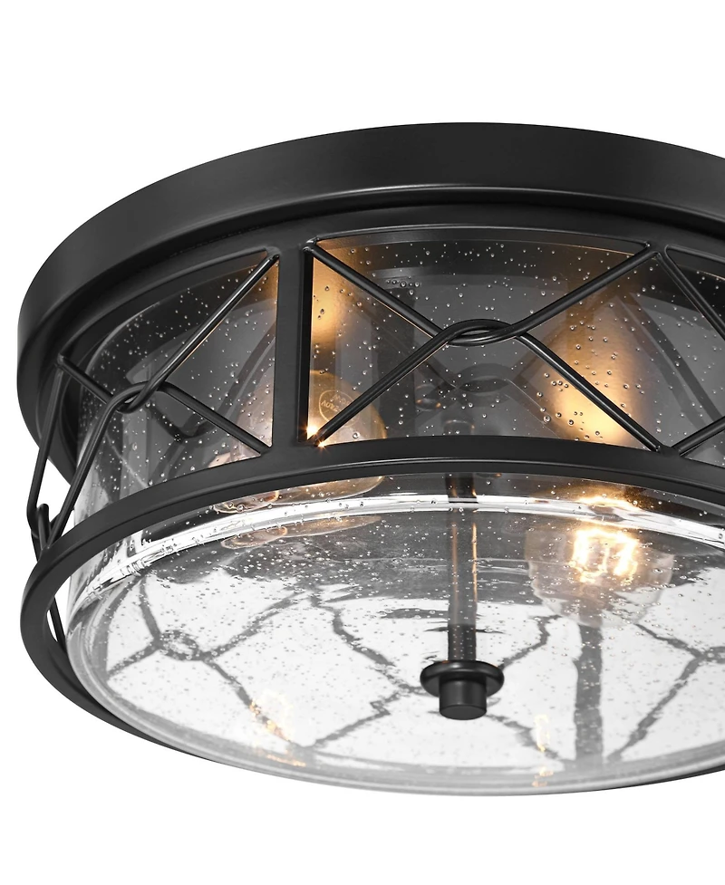 Franklin Iron Works Quincy 14" Industrial Flush-Mount Ceiling Light Fixture Kitchen Foyer Hallway Round 2-Light Black Seeded Glass