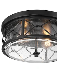 Franklin Iron Works Quincy 14" Industrial Flush-Mount Ceiling Light Fixture Kitchen Foyer Hallway Round 2-Light Black Seeded Glass