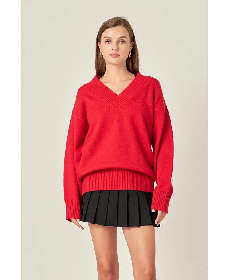 English Factory Women's V Neckline Oversized Sweater