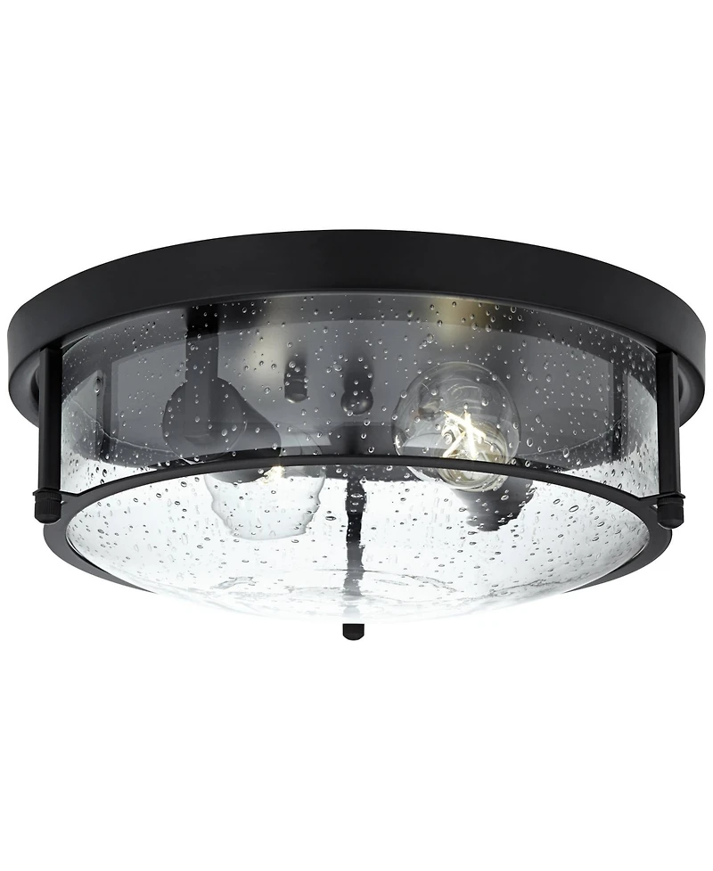 Franklin Iron Works Midnight 13" Modern Flush-Mount Ceiling Light Fixture Kitchen Foyer Hallway Round 2-Light Black Seeded Glass