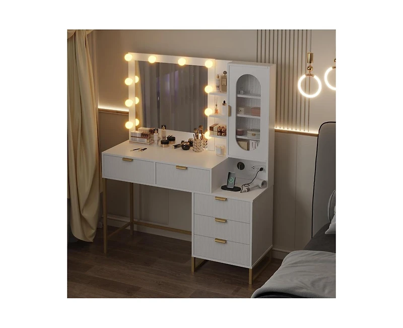 gaomon Modern Vanity Makeup Desk with Vanity Mirror, Built-in Lights, 5 Drawers, Power Outlet, Makeup Desk for Bedroom