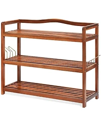 Gouun 3-Tier Acacia Wood Shoe Rack with Side Metal Hooks