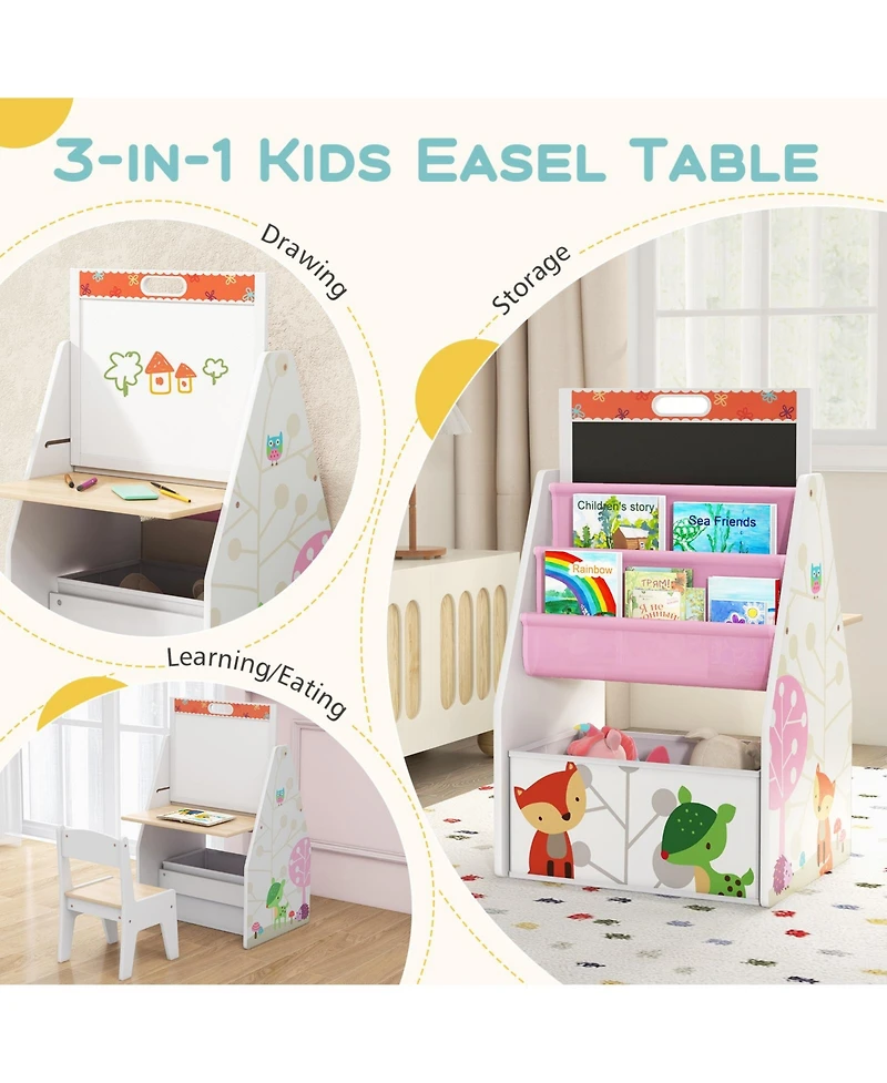 Gouun 3 in 1 Kids Easel and Play Station Convertible with Chair and Storage Bins