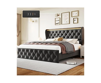 gaomon King Led Platform Bed Frame with Charging Station, Velvet Upholstered Bed Frame with Button Wingback Headboard, Metal Frame with No Box Spring