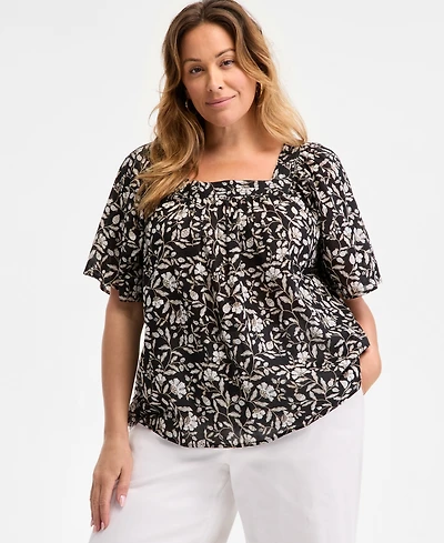 Style & Co Plus Size Printed Flutter-Sleeve Top, Exclusively at Macy's