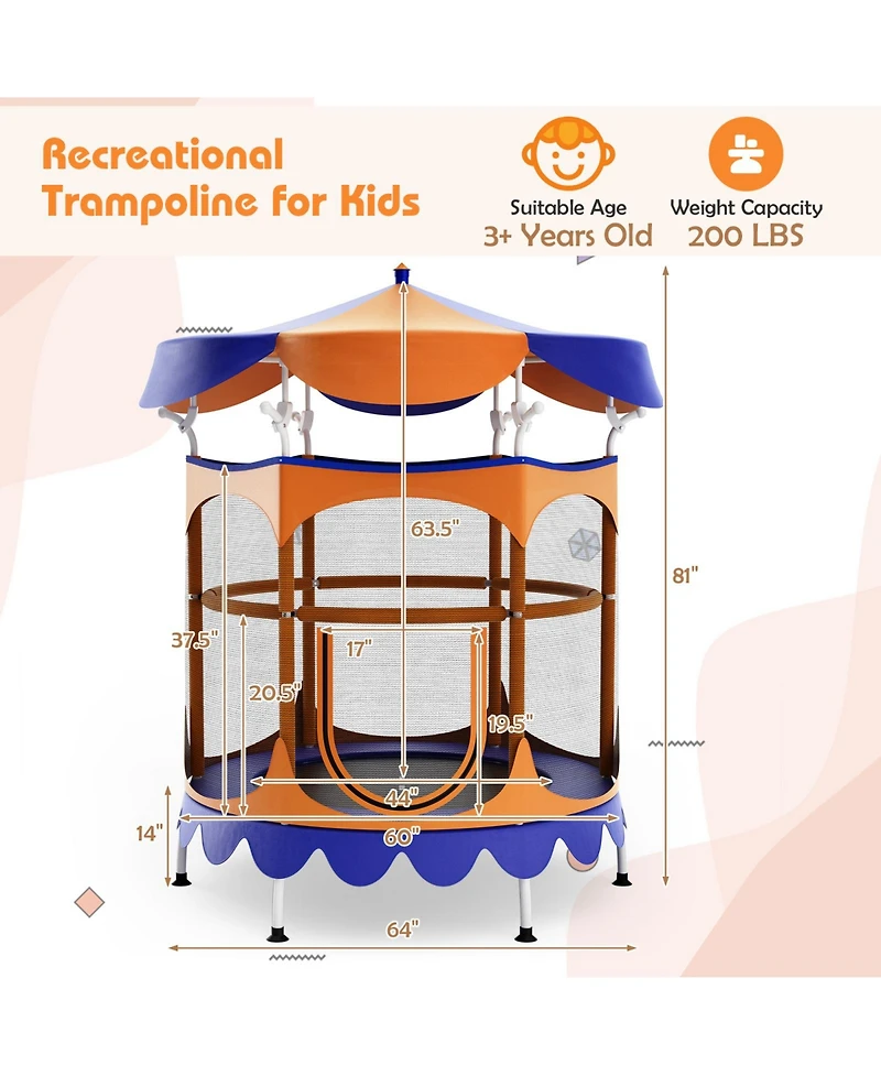 Gouun 64 Inch Kids Trampoline with Detachable Canopy and Safety Enclosure Net