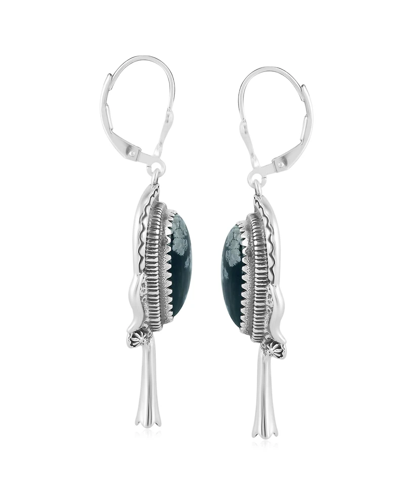 American West Jewelry Sterling Silver Snowflake Obsidian Squash Blossom Dangle Earrings