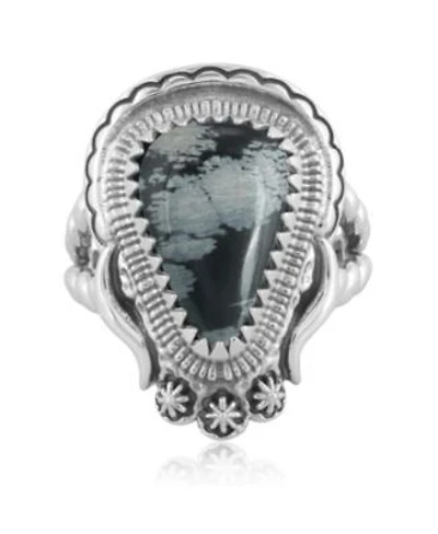 American West Jewelry Sterling Silver Snowflake Obsidian Split Shank Rope Ring Size 7