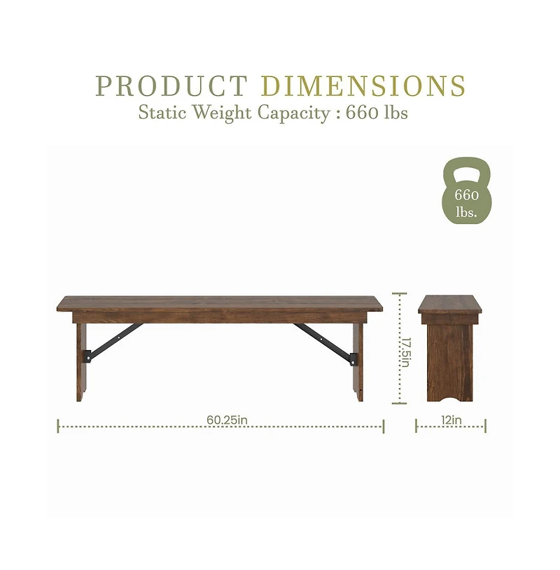 Merrick Lane Tinsley 60" X 12" Solid Pine Folding Farmhouse Style Bench, Rustic Pinewood Folding Dining Bench With Locking Legs