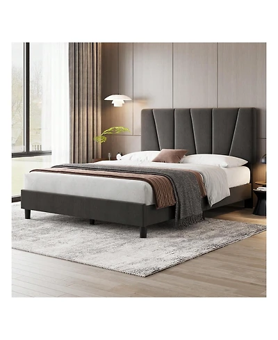 gaomon Bed Frame With Headboard,Linen Upholstered Platform Bed With Adjustable Diagonal Channel Tufted Headboard