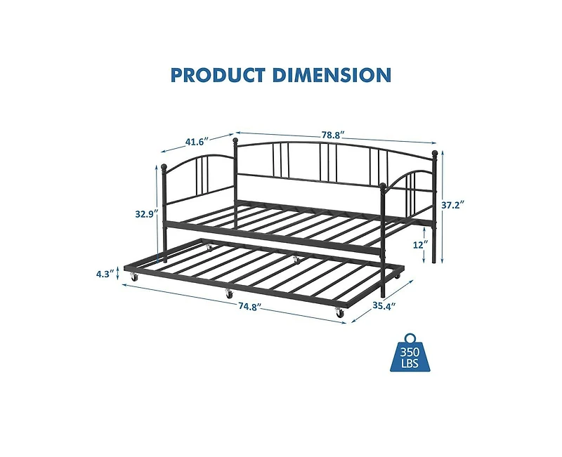 gaomon Twin Daybed with Trundle, Metal Twin Size Daybed with Pullout Trundle 6 Casters, Steel Slat Support Sofa Bed for Living Room, Bedroom, Guest Ro