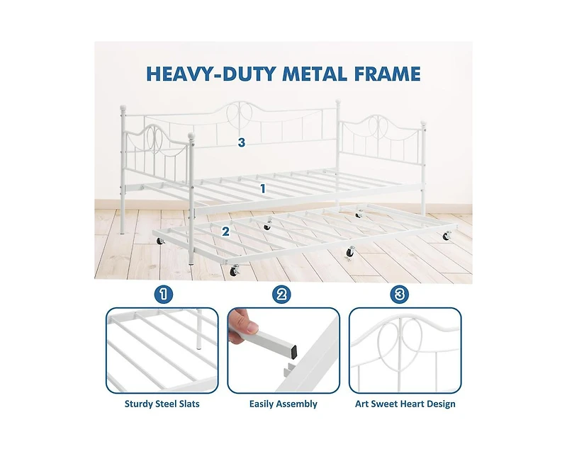 Twin Daybed with Trundle, Modern Pull Out Day Bed Frame with Vintage Headboard, Metal Daybed with Sturdy Slat Support, for Small Spaces, Kids Room, Li