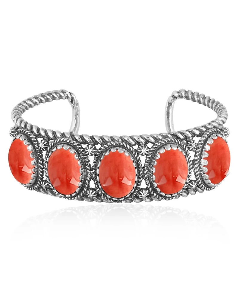 American West Jewelry Sterling Silver Red Spiny Oyster Gemstone Rope Design 5-Stone Cuff Bracelet