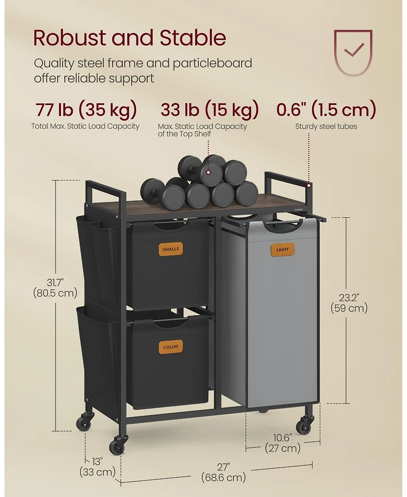Slickblue 4-Compartment Laundry Hamper, Rolling Sorter Cart with Shelves, Side Pockets & 6 Labels