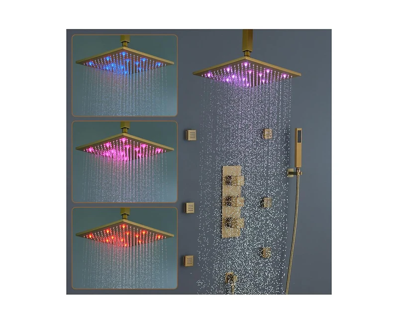 Casainc 3-Function Luxury Ceiling Mount 12 Inch Led Thermostatic Shower System with 6 Body Jets