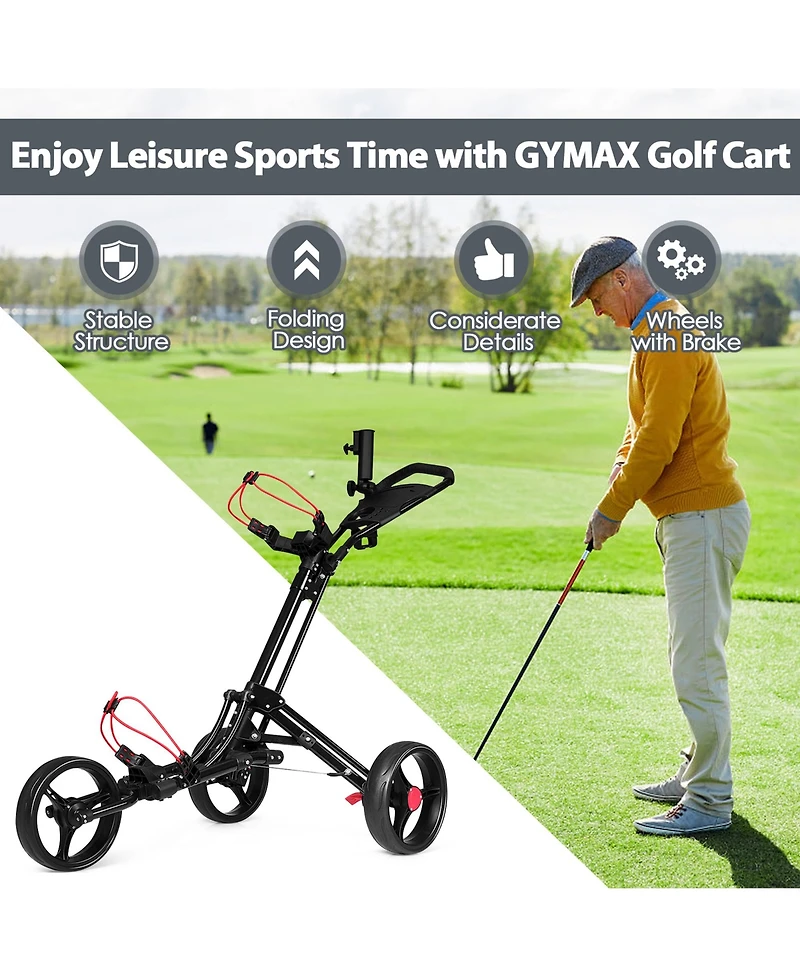 Gymax 3 Wheels Golf Push Pull Cart Folding Golf Pull Trolley w/ Adjustable Handle
