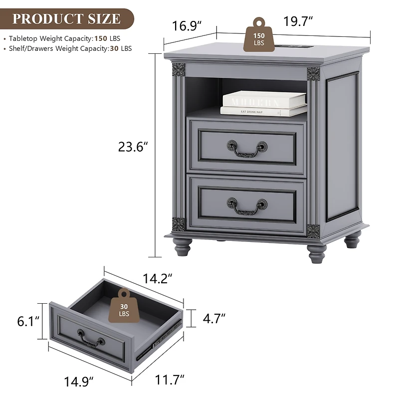 Vlsrka Nightstand with Charging Station, 3-Color Led & 2 Drawers