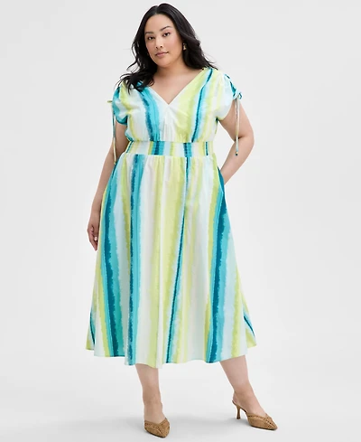 I.n.c. International Concepts Plus Size Cotton Drawstring-Sleeve Midi Dress, Exclusively at Macy's