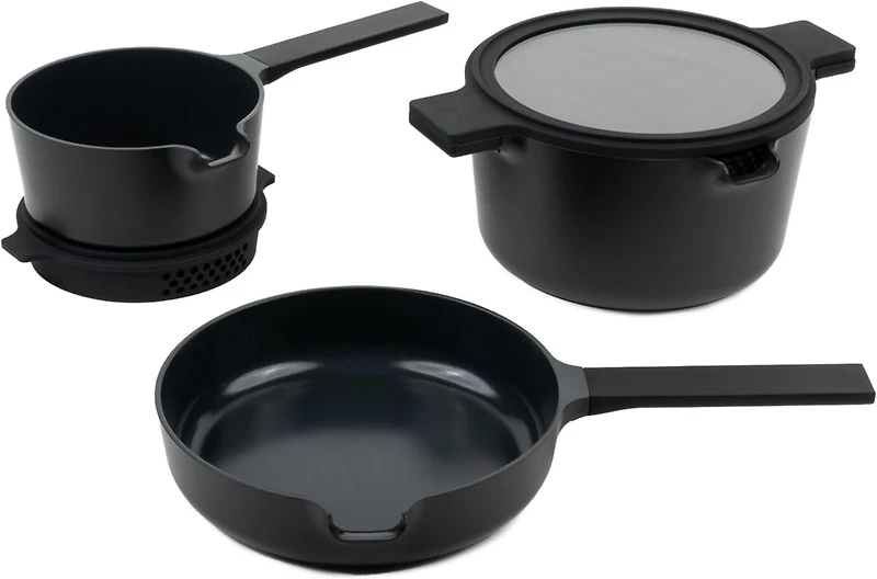 Alva Neat 5-Piece Nesting Cookware Set – Stackable Nonstick Pots & Pans with Universal Lids Space-Saving Design for Apartments, RVs Compact Storage
