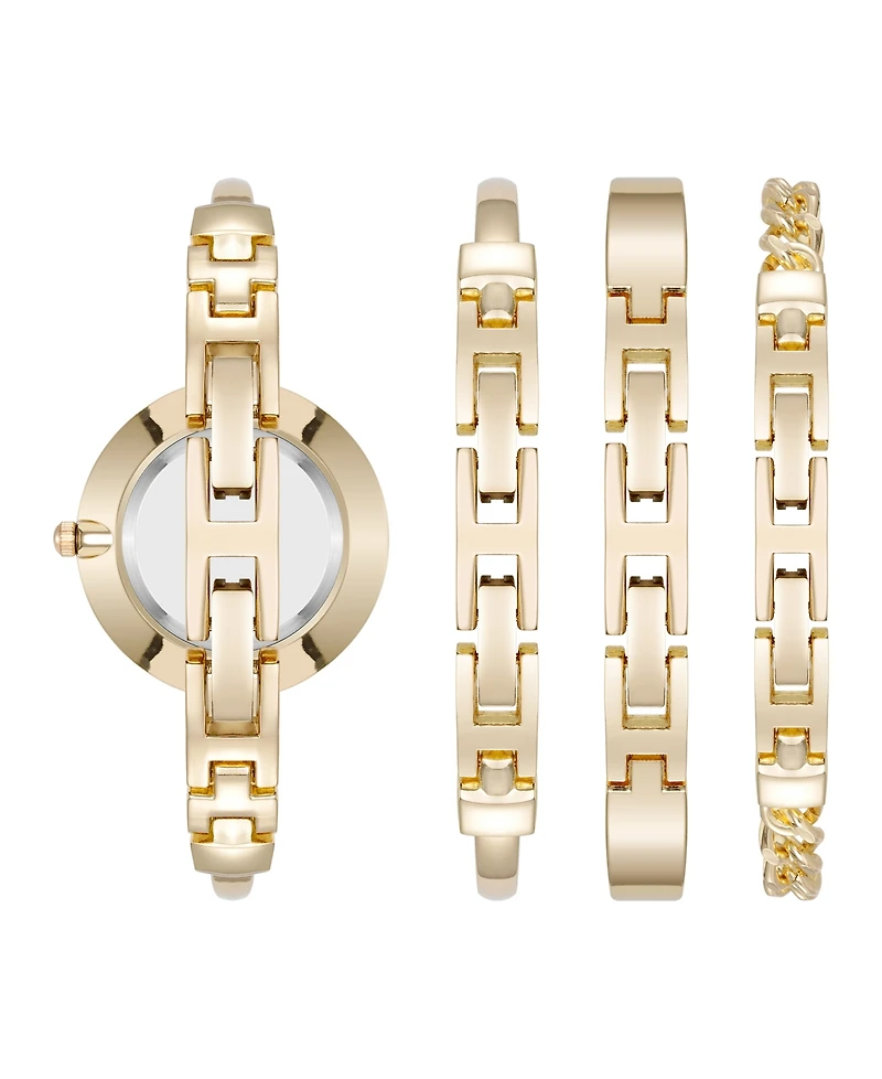 Anne Klein Women's Quartz White Enamel and Gold-Tone Metal Alloy Bangle Watch Set, 32mm