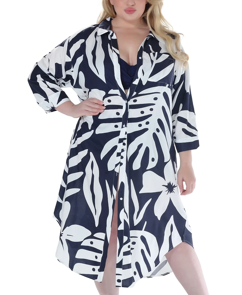 Raviya Plus Printed Button-Down Midi Cover-Up Dress
