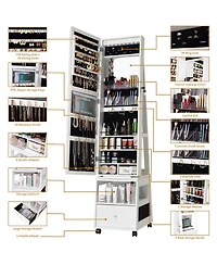 gaomon 360° Swivel Jewelry Armoire with Full Length Mirror, Led Vanity Mirror with Jewelry Storage Drawer, Shelf, Wheels, Freestanding Lockable J