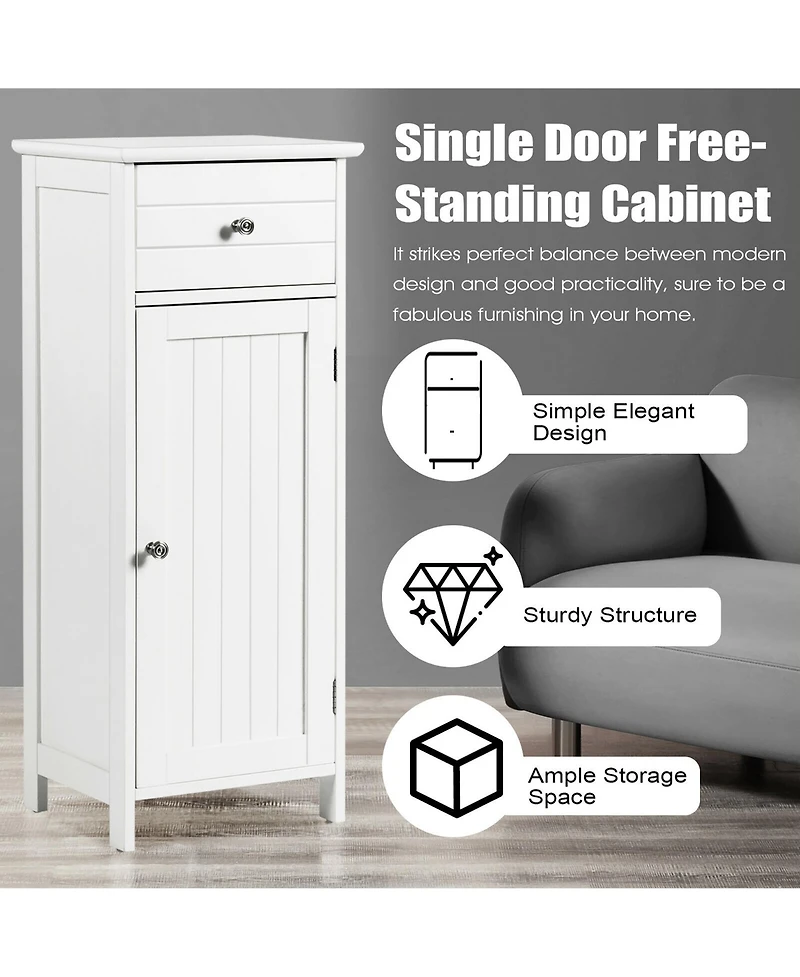 Wooden Bathroom Floor Storage Cabinet Organizer with Drawer and Adjustable Shelf