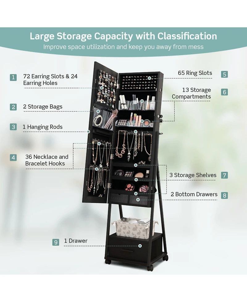 Gouun Jewelry Cabinet with Full-Length Mirror