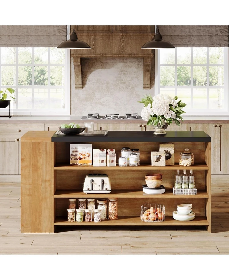 Tribesigns 55" Kitchen Island with Storage, Farmhouse 5-Tier Stationary Island Table with 5 Shelves, Wood Coffee Bar Table Storage Cabinet with Large