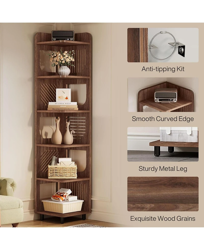 Tribesigns 6-Tier Corner Shelf Stand, 71-Inch Rustic Tall Corner Bookshelf, Narrow Corner Bookcase, Corner Plant Stand Display Shelf Organizer