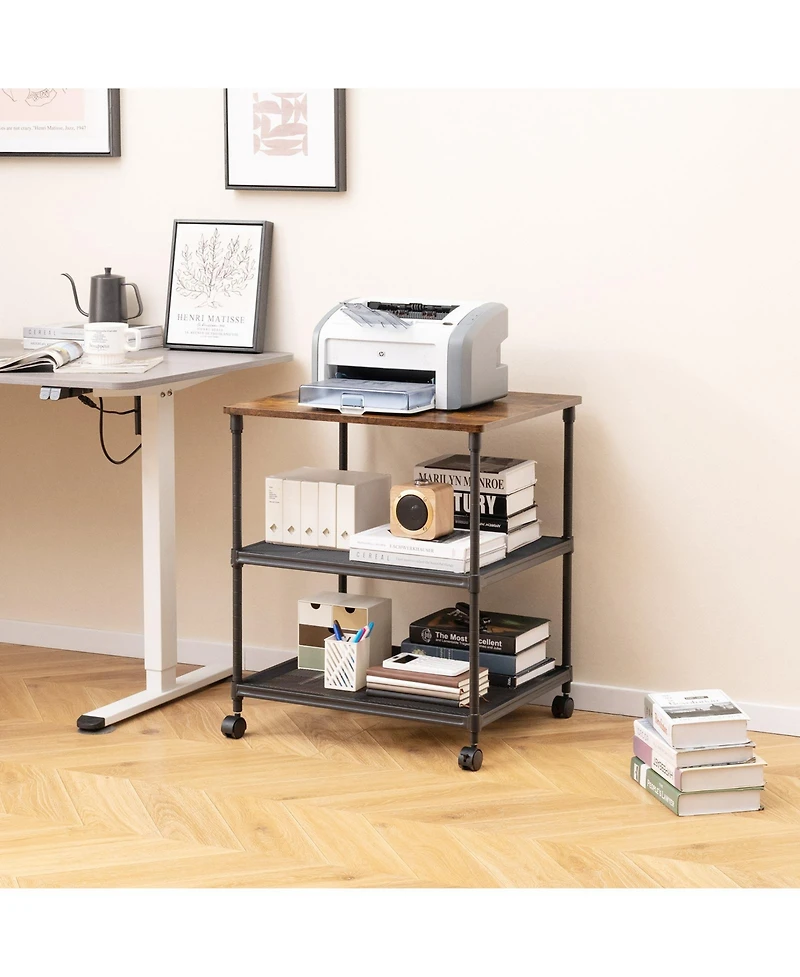 Gouun 3 Tier Printer Stand Rolling Fax Cart with Adjustable Shelf and Swivel Wheels