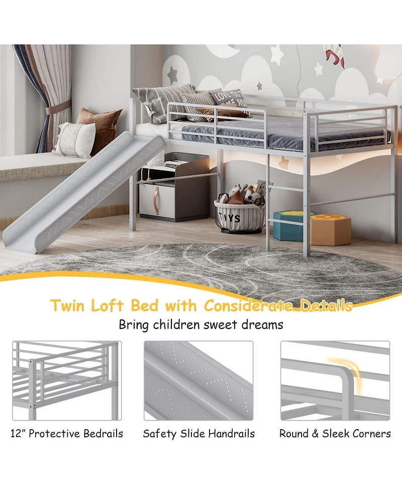 Gouun Twin Metal Loft Bed with Slide Safety Guardrails and Built-in Ladder