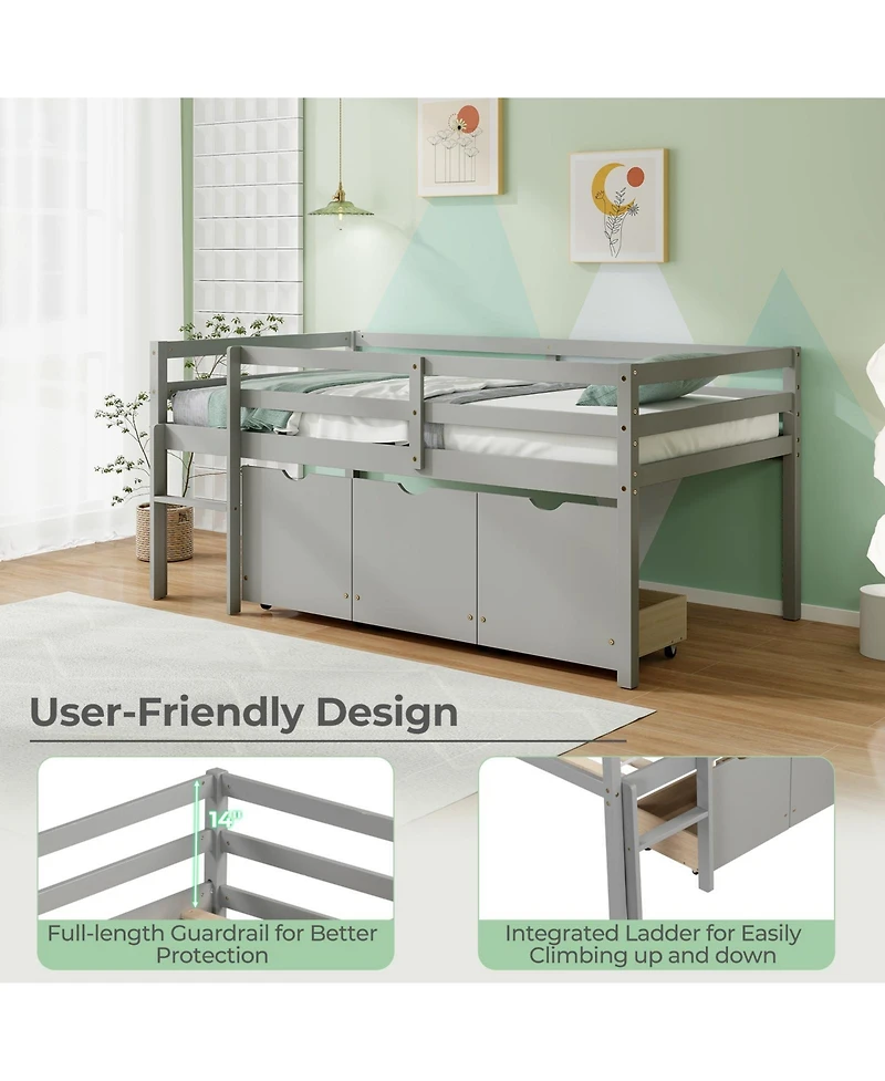 Gouun Twin Size Low Loft Bed with 3 Drawers with Ladder and Full-length Guardrails