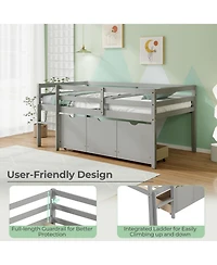 Gouun Twin Size Low Loft Bed with 3 Drawers with Ladder and Full-length Guardrails