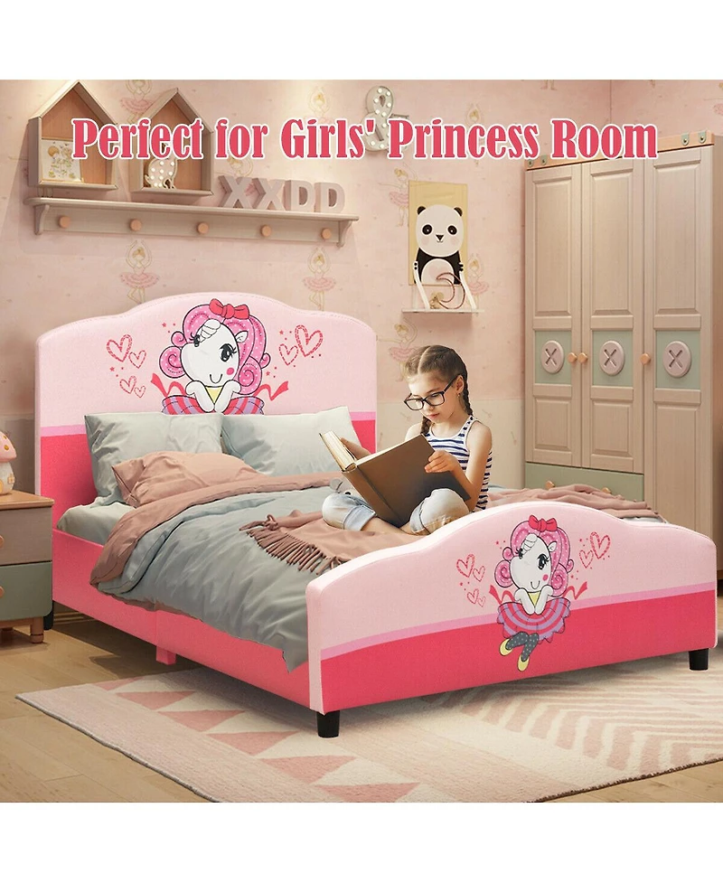 Gouun Kids Children Upholstered Platform Toddler Girl Pattern Bed