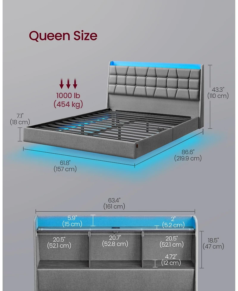 Slickblue Queen Size Floating Bed Frame with Led Lights for Modern Bedroom Decor
