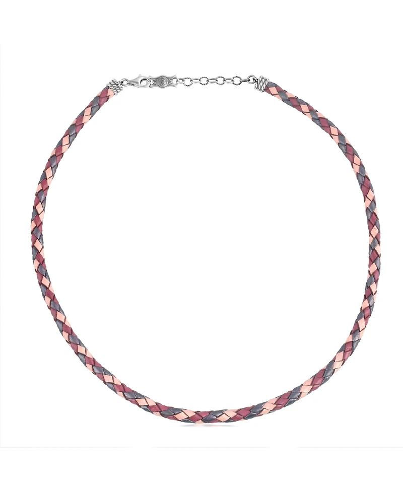 American West Jewelry Sterling Silver Multi-Color Braided Pink, Maroon and Berry Leather Necklace, 20 to 22 Inches