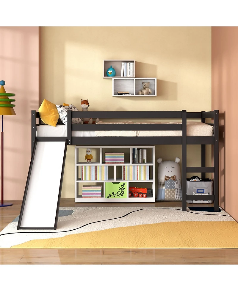 Gouun Twin Size Low Sturdy Loft Bed with Slide Wood