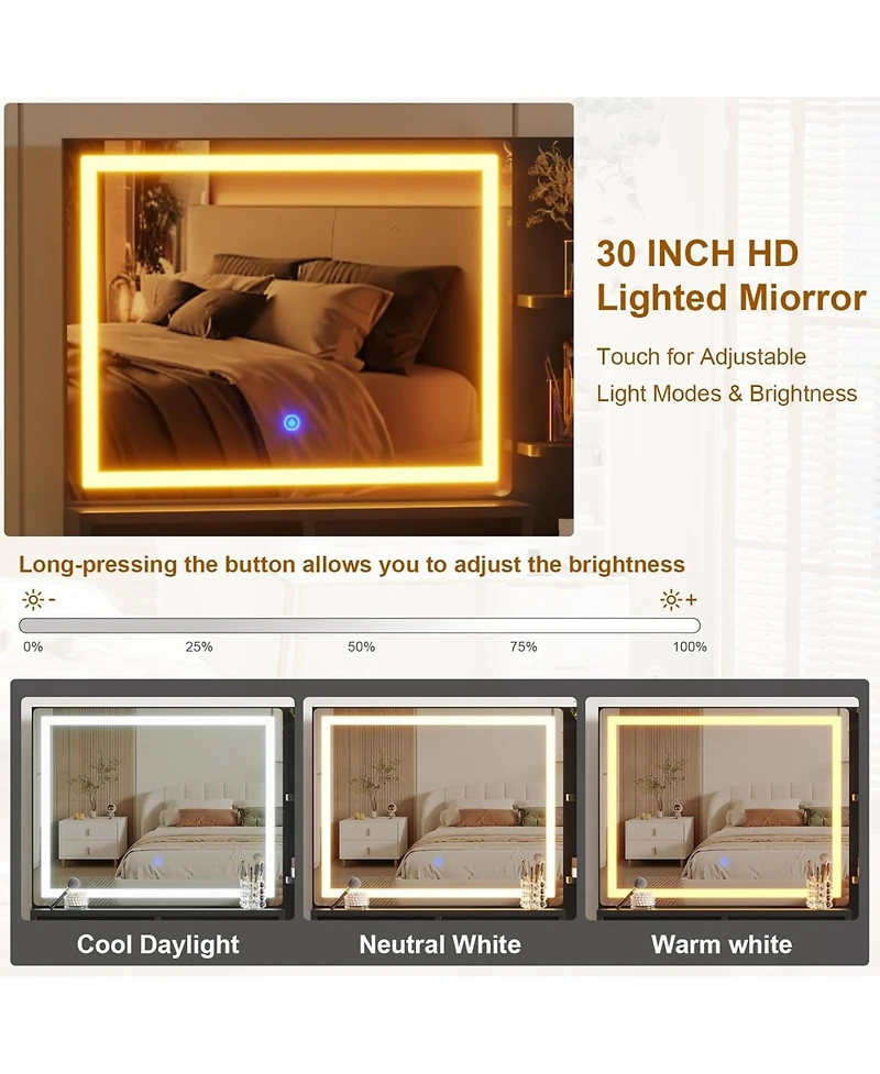 gaomon Makeup Vanity Desk with Lights & Power Outlet, Big Modern Fluted Vanity Desk with 30" Hd Lighted Mirror, 5 Drawers and Storage Shelf，Dre