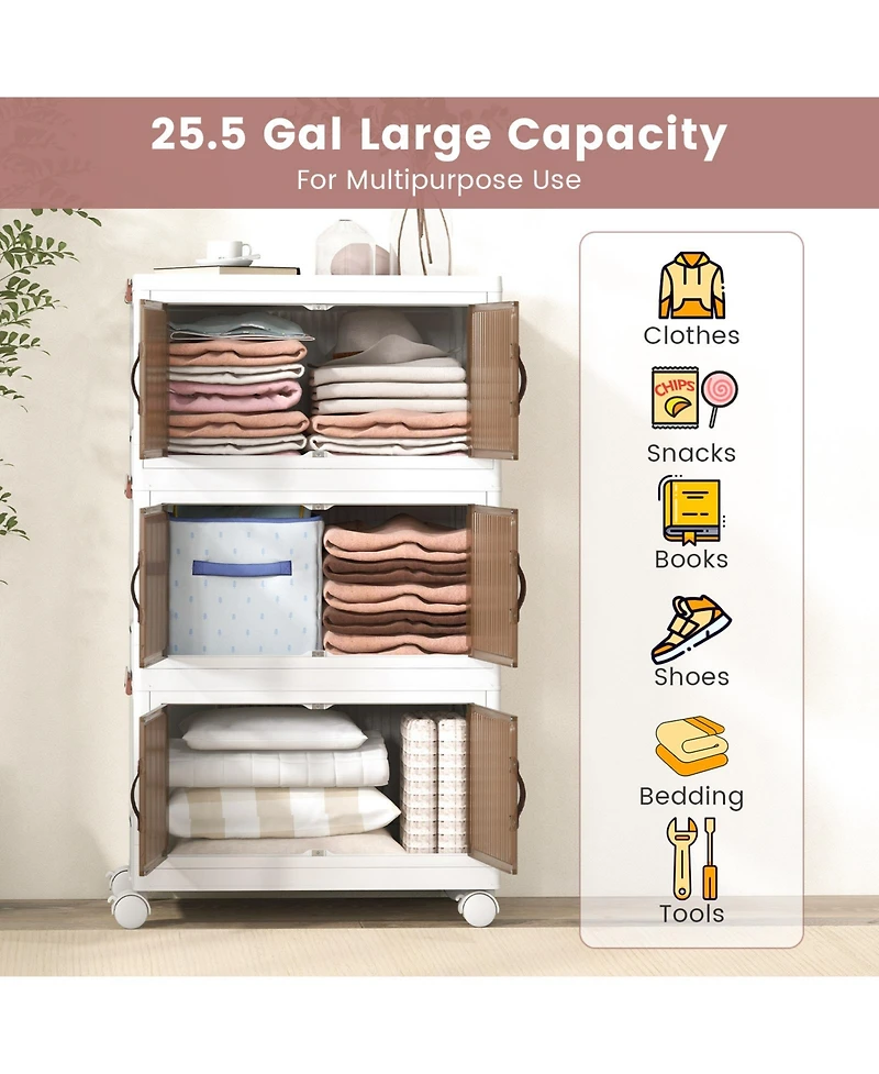 Gouun 3-Tier Stackable Storage Boxes Bins with Magnetic Doors and Lockable Casters-s