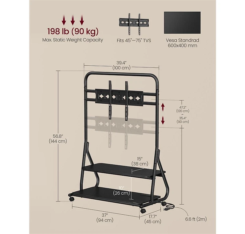 Slickblue Rolling Tv Stand with Wheels and Power Outlets Fits Flat Curved TVs up to 75 Inches and 88 lbs