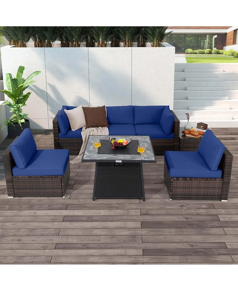 Costway 7 Pcs Patio Furniture Set with 35" Propane Gas Fire Pit Table & Waterproof Cover
