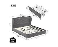 gaomon King Size Bed Frame with Charging Station and 4 Storage Drawers, Velvet Upholstered Tall Tufted Wingback Headboard and Storage Shelf, No Box Sp